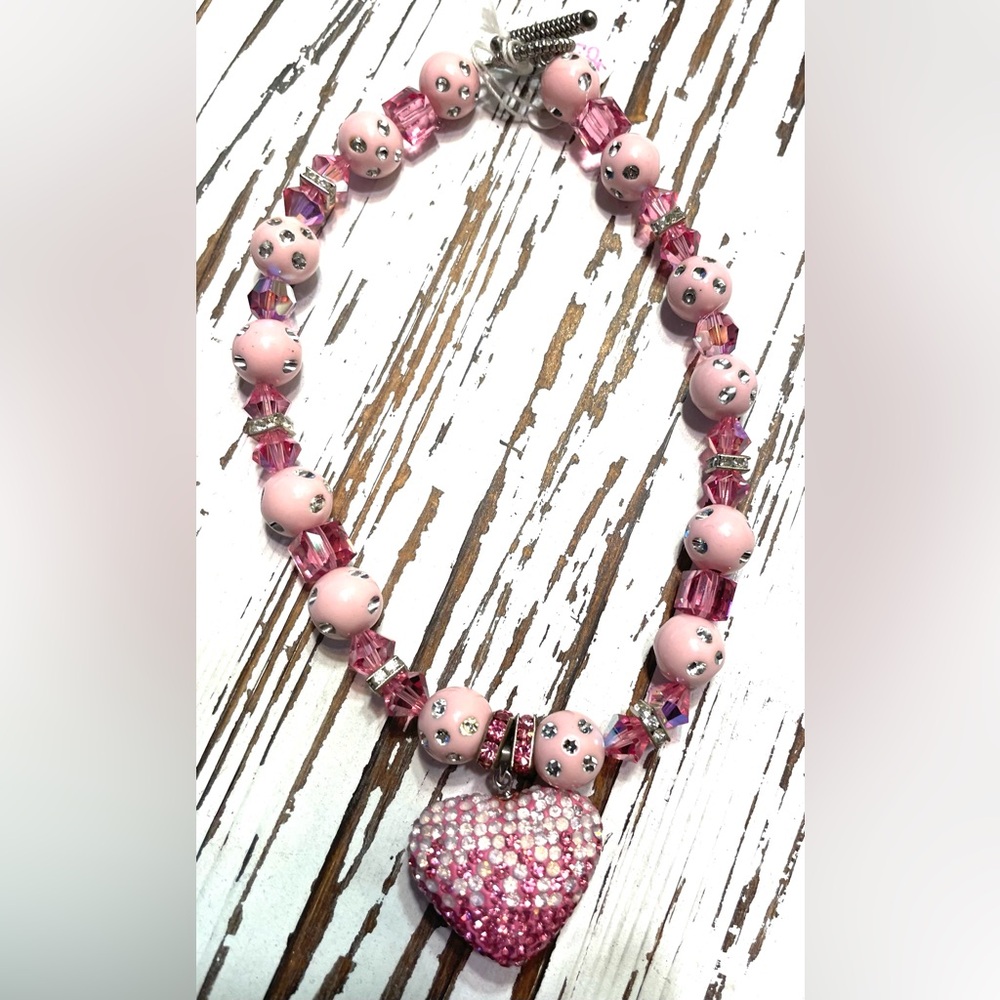 Pink Beaded with Swarovski crystals Pet Necklace with a Sparkling Heart Pendant